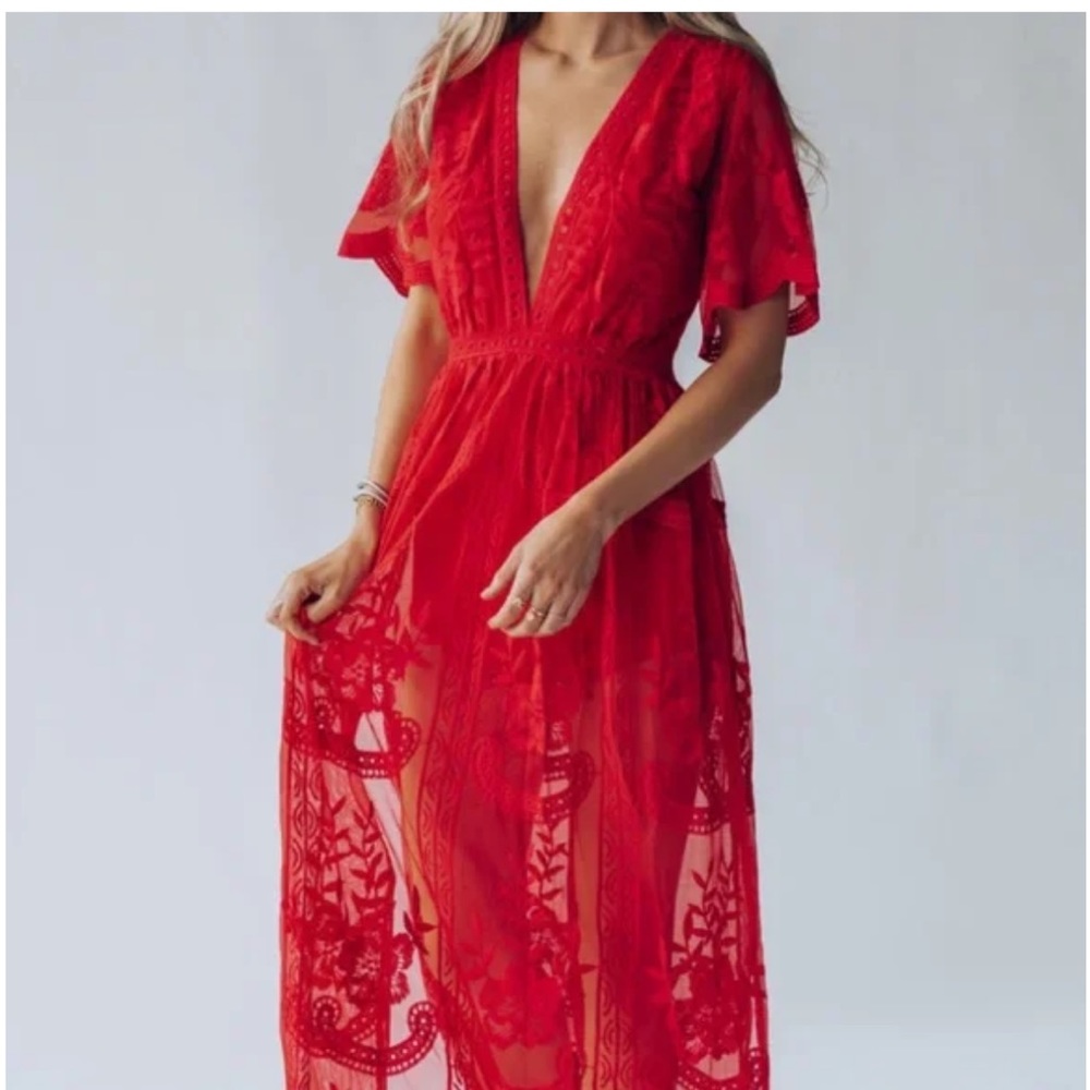 Semi sheer lace v neck maxi dress. - Picture 4 of 15